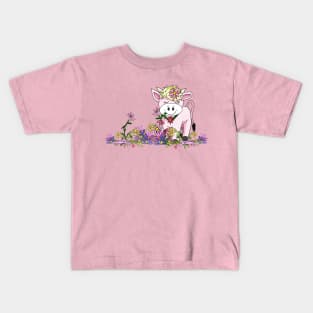 kawaii cow stands in pretty flowers Kids T-Shirt